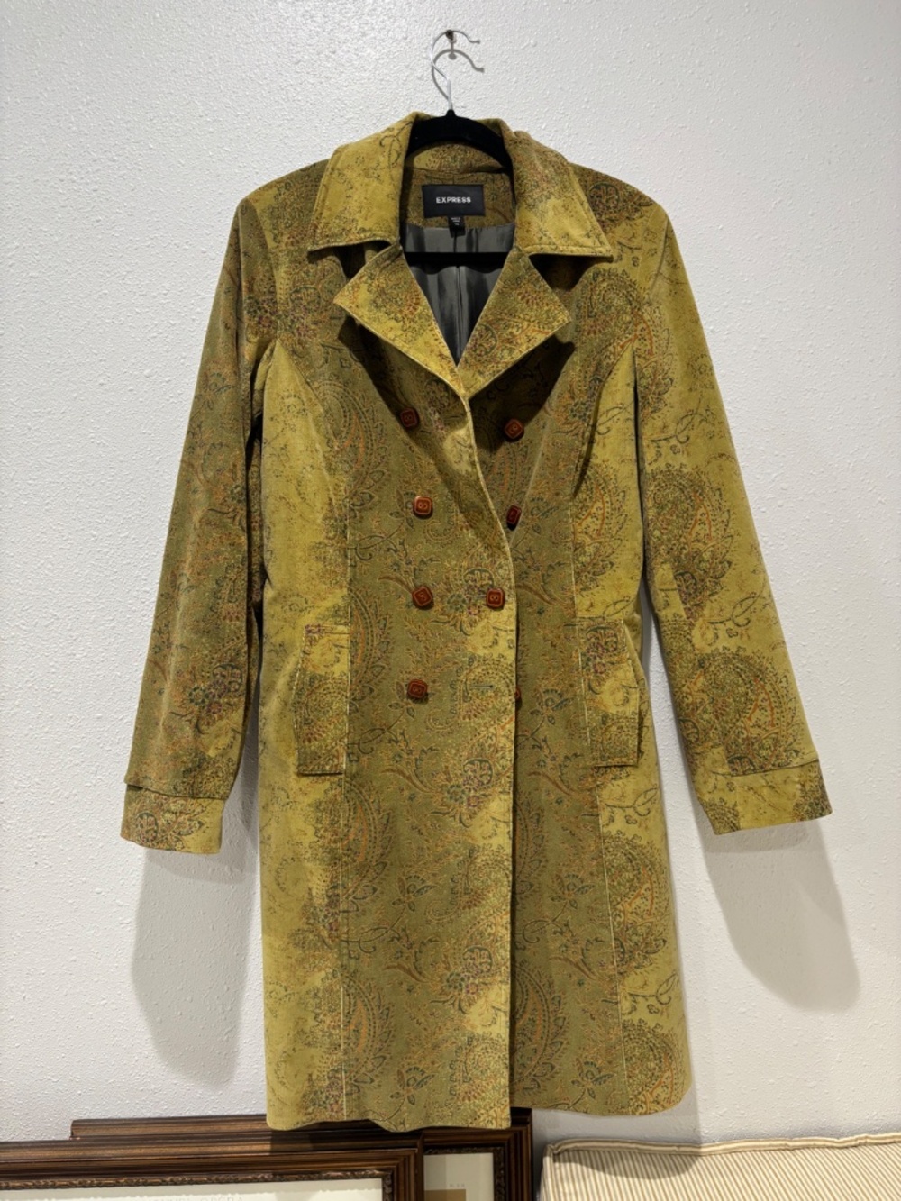 Express Vintage Y2K Chartreuse Green Paisley Velvet Long Coat